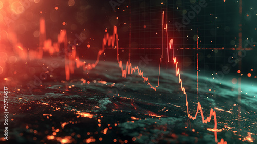 A stock market graph with red and orange colors, set against an abstract background of dark blue lights and sparks, representing the financial landscape during nervous times for investors. photo