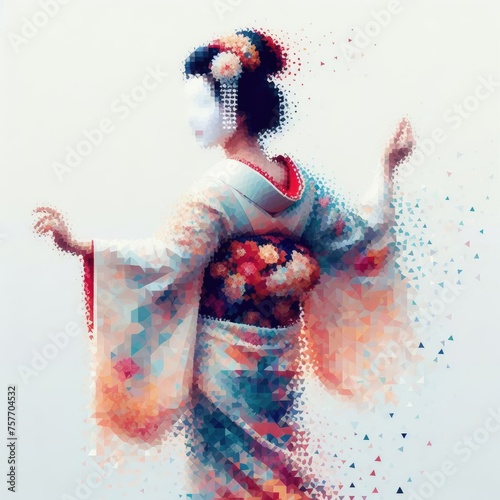 Japanese geisha in kimono dress in splash ink painting and triangle with Generative AI.