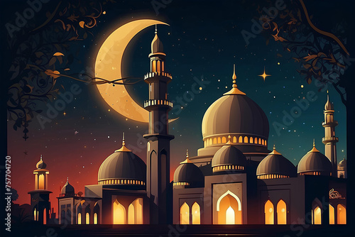 Moonlit Ramadan brings a peaceful mosque nightscape to life in vibrant illustration