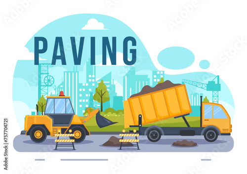 Paving Vector Illustration with Road Construction and Highway Maintenance Workers Working on Asphalt Roads with Drilling Machine in Flat Background