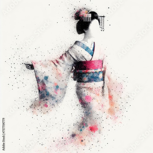 Japanese geisha in kimono dress in splash ink painting and triangle with Generative AI.