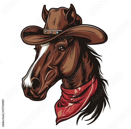 Horse Head wearing wearing cowboy hat and bandana around neck