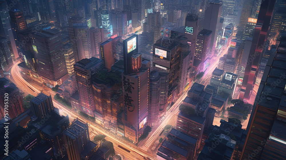 Futuristic cityscape set at dusk, towering skyscrapers with neon lights ...