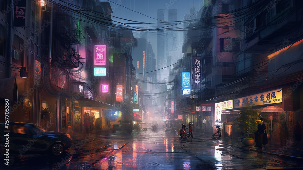 Futuristic cityscape in a cyberpunk setting, rain-soaked streets reflecting neon signs and holographic billboards, dark alleys with flickering lights, towering megacorporation buildings casting long