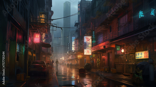 Futuristic cityscape in a cyberpunk setting, rain-soaked streets reflecting neon signs and holographic billboards, dark alleys with flickering lights, towering megacorporation buildings casting long photo