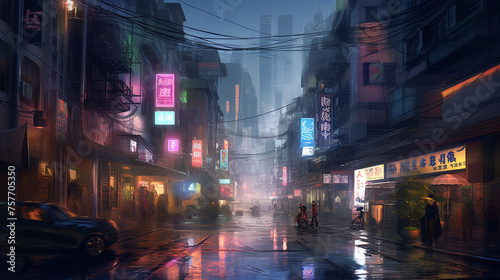 Futuristic cityscape in a cyberpunk setting  rain-soaked streets reflecting neon signs and holographic billboards  dark alleys with flickering lights  towering megacorporation buildings casting long