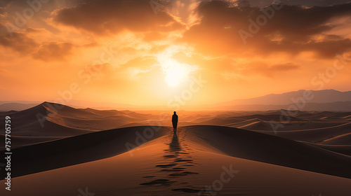 In a vast desert landscape, a lone figure stands silhouetted against the setting sun, their silhouette stark against the fiery sky. The windswept dunes stretch out endlessly before them, a testament