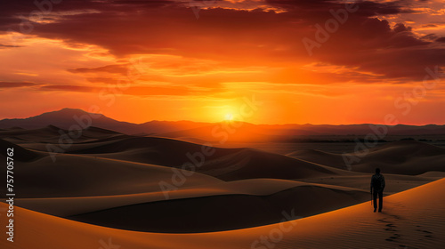In a vast desert landscape, a lone figure stands silhouetted against the setting sun, their silhouette stark against the fiery sky. The windswept dunes stretch out endlessly before them, a testament