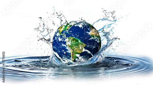 Earth falls into the splash water because of global warming, planet earth is beginning to sink