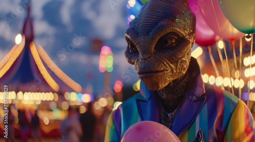 An alien with an intense look, wears a tailored rainbow gradient suit, standing in a carnival, holding pastel fluorescent balloons, alienor, I can't believe how beautiful this is, night sky with stars