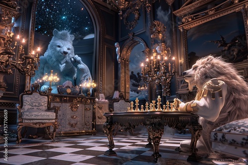 A yeti playing chess with a sphinx in a Victorian parlor mic and ivory detailing on the furniture © ItziesDesign