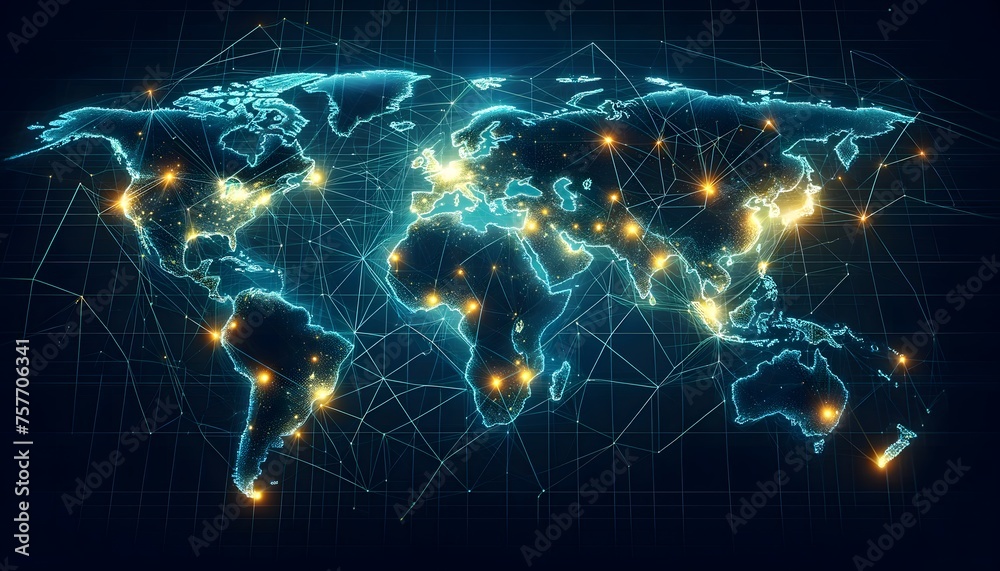 A digital world map displaying continents outlined in blue with ...