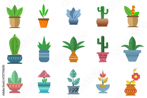 Set of house plants in pots, on stands. Isolated template of green cactus, monstera leaf, fern, ficus, zamioculcas. Botanical illustration of bushes, branches for home interior. vector illustration.