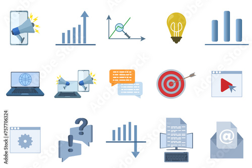 Set of digital marketing icons. Content, search, marketing, ecommerce, seo, electronic devices, internet, analytics, social and more flat icons. flat vector illustration on white background.