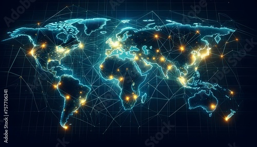 A digital world map displaying continents outlined in blue with connecting lines and bright nodes highlighting global connectivity on a dark grid background. background