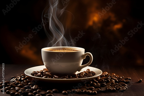 A Spectacle of a Freshly Brewed Hot Coffee Cup Surrounded by Coffee Beans on a Rustic Wooden Surface