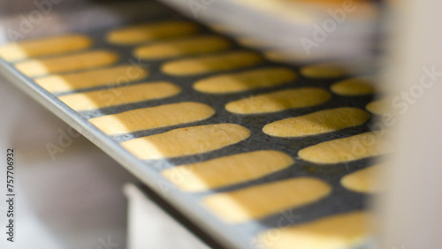 small Indonesian biscuit shaped like a cat's tongue, long, flat, sweet and crunchy. Kattentong on the cookies mold pan.