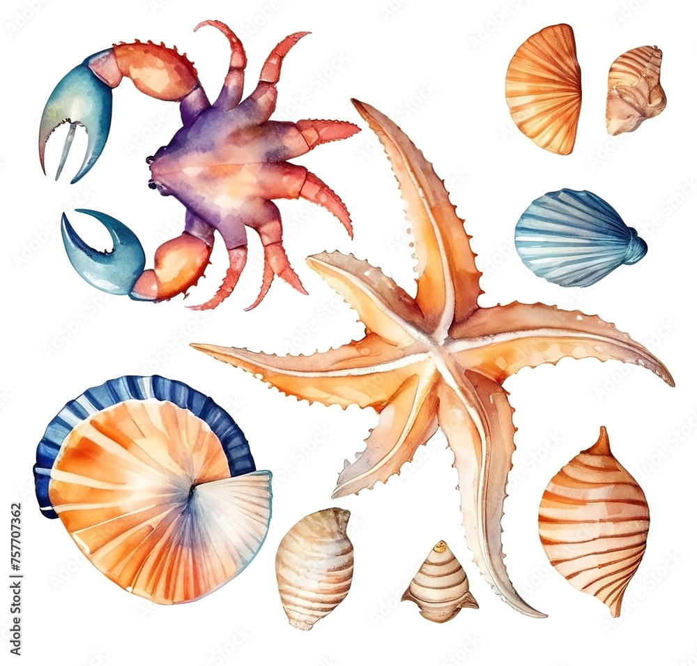 Obraz premium Set of watercolor seashells and crab. Hand drawn illustration