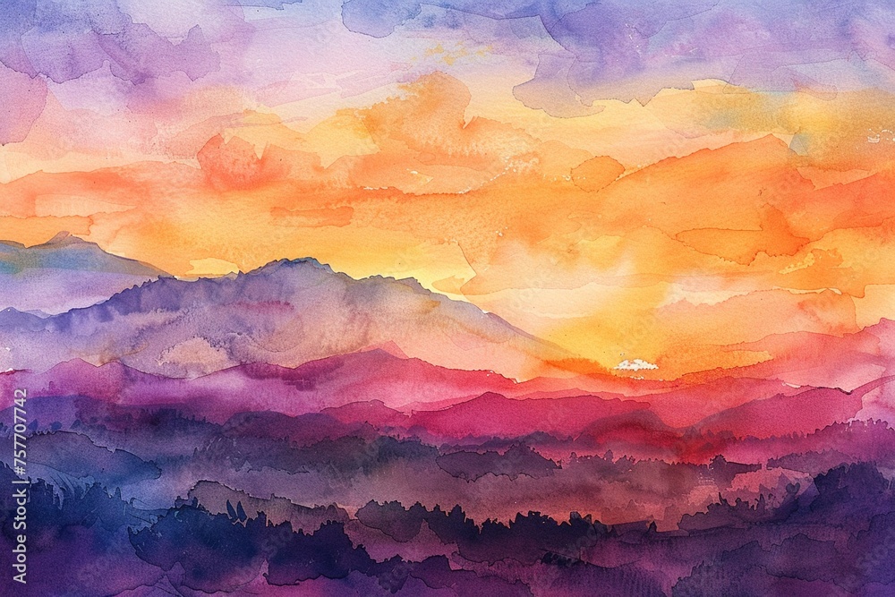 Vibrant watercolor sunset blending orange and purple hues