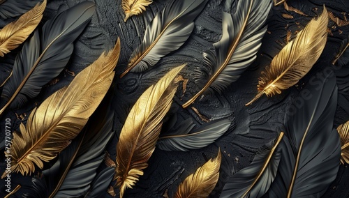 Collection of black and gold feathers arranged on a black backdrop