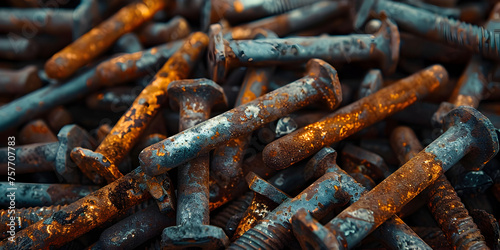   Rust on bolts metal oxide oxidization chemical reaction  Old rusty bolt and nuts Pile of metal scrap background, Machinery industry and Detail on Background photo