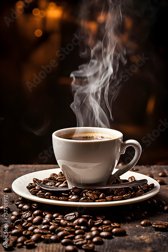 A Spectacle of a Freshly Brewed Hot Coffee Cup Surrounded by Coffee Beans on a Rustic Wooden Surface