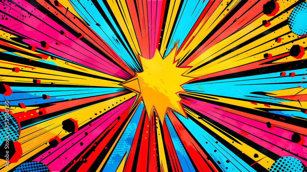 Abstract digital artwork featuring a radial explosion of colorful lines from a central point Abstract digital artwork featuring a radial explosion of colorful lines from a central point