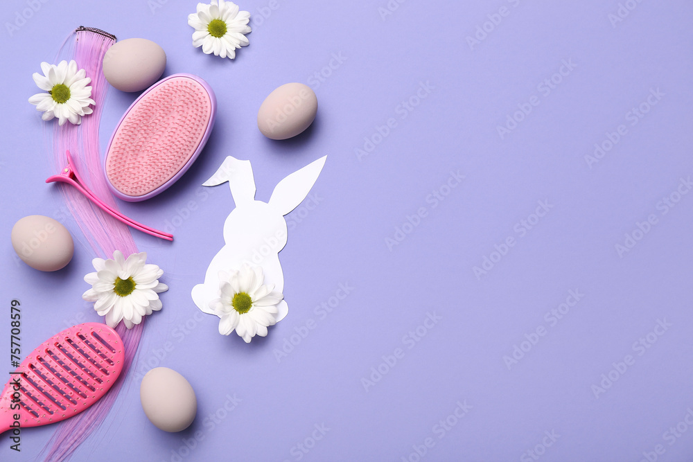 Hair strand with hairdressing accessories, daisies and Easter decor on lilac background