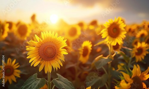 Generative AI Images Sunflower field at sunset  rows of blooming sunflowers.