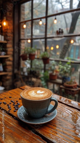Artisanal Cappuccino on Rainy Day Coffee Shop Table © Raad