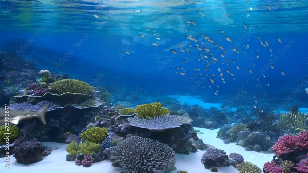 A shark with fish school under sea. Seamless looping time-lapse 4k video animation background A shark with fish school under sea. Seamless looping time-lapse 4k video animation background