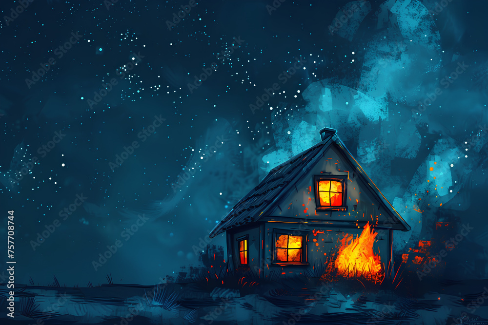 Minimalist illustration: House ablaze under starry sky, contemporary art style, white and indigo. Minimalist illustration: House ablaze under starry sky, contemporary art style, white and indigo.