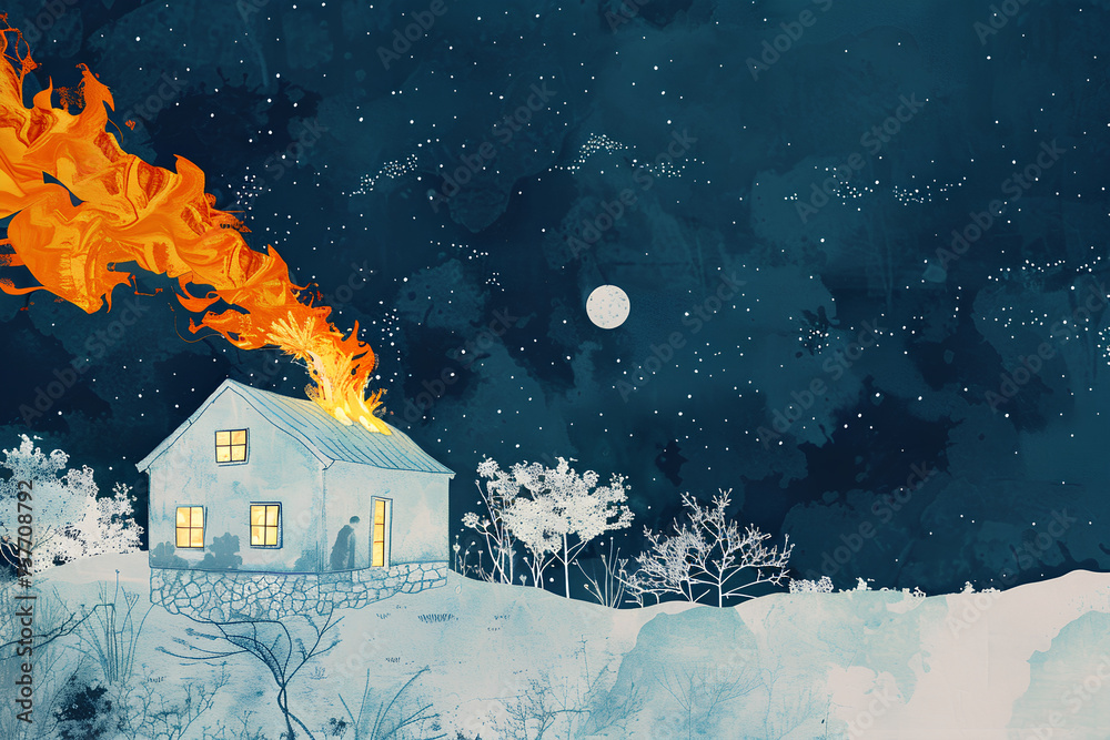 Minimalist illustration: House ablaze under starry sky, contemporary art style, white and indigo. - obrazy, fototapety, plakaty 