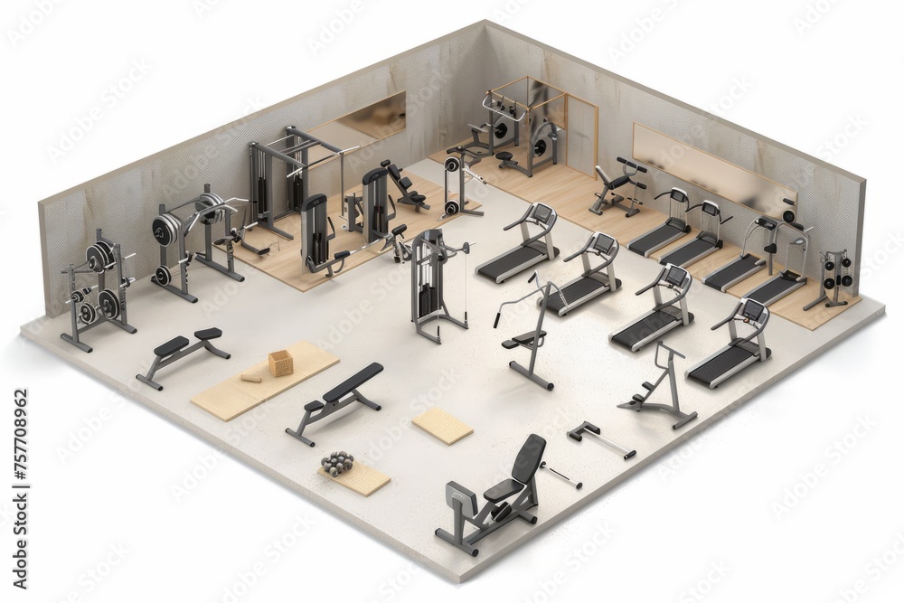 3D Render of a fitness center with cardio machines, weightlifting equipment, and group exercise areas, on isolated white background, Generative AI 3D Render of a fitness center with cardio machines, weightlifting equipment, and group exercise areas, on isolated white background, Generative AI