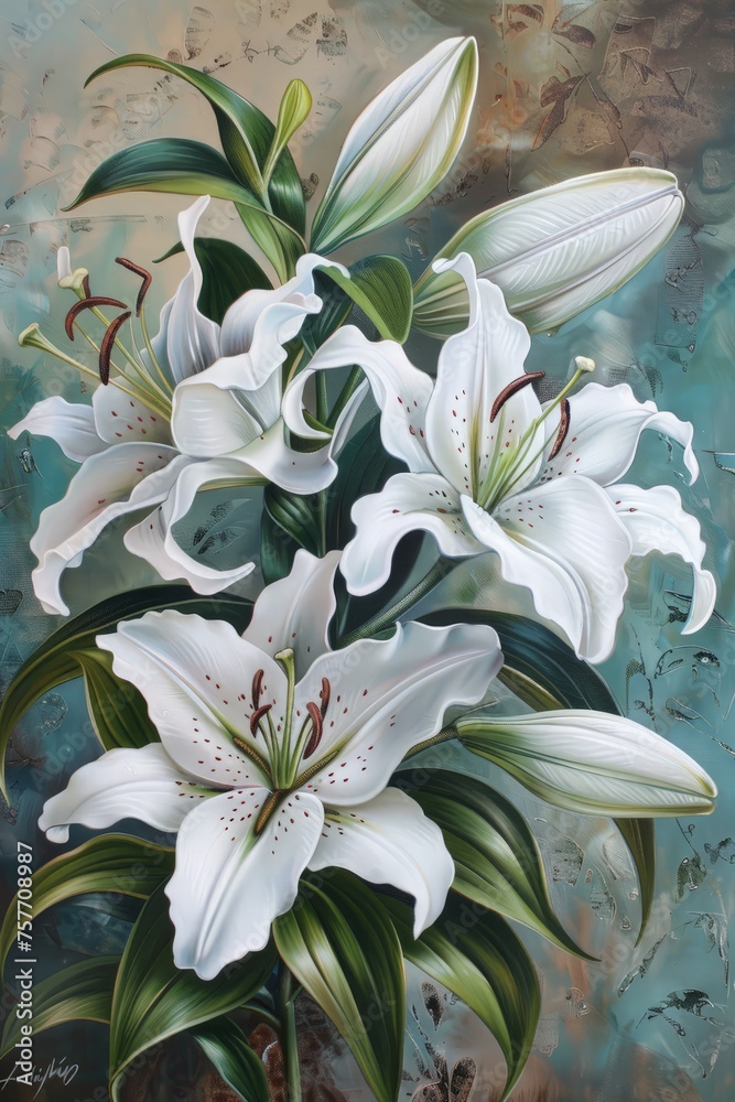Obraz premium A painting depicting white flowers arranged in a vase, showcasing delicate petals and leafy green stems