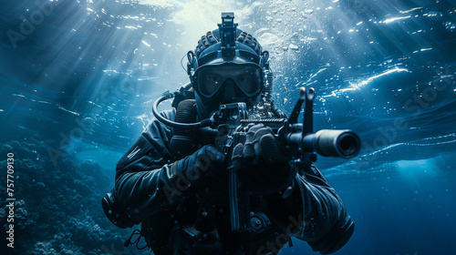 Generated image ai army in the ocean  navy army  diving army  deep ocean