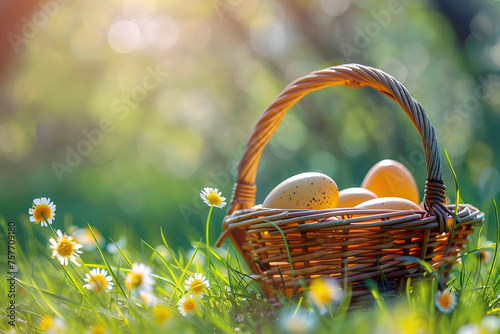 Wicker basket with Easter eggs in green grass against flower meadow. Space for text. Easter card 