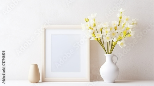 mockup with a white frame and flowers. home interior with decor elements.