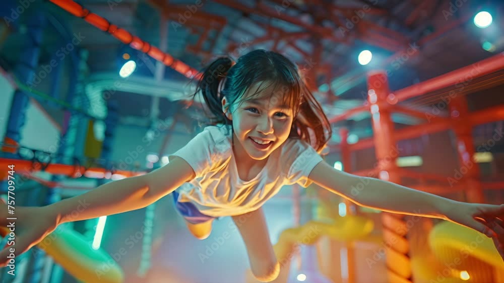 A Japanese girl floating in air in slow motion at an indoor trampoline park A Japanese girl floating in air in slow motion at an indoor trampoline park