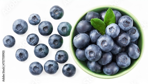 Blueberries in green bowl isolated on white background. Top view 