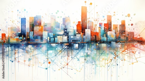 Abstract smart city watercolor painting  data connection with colorful lines and dots representing digital connectivity on white background.