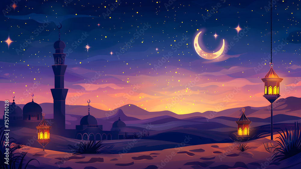 A serene illustration of a Ramadan evening, featuring a crescent moon, stars, and traditional Islamic buildings with glowing lanterns