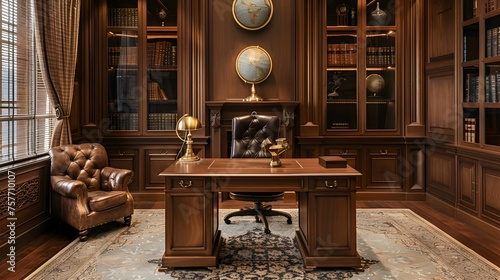 Elegant Mahogany Home Office with Classic Desk and Vintage Globe Exuding Luxurious Sophistication