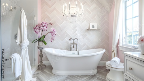 Elegant Bathroom Sanctuary Featuring Herringbone Tiles  Freestanding Tub  and Crystal Chandelier for Luxurious Relaxation