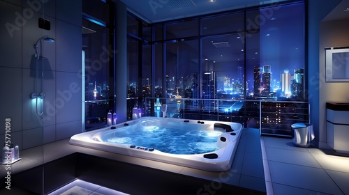 Elegant Bathroom Luxury Jacuzzi with City Skyline View at Night