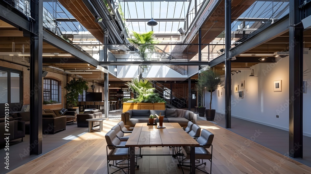 Elegant Industrial Open Plan Workspace with High Ceilings and Skylights ... - Industrial Space With High Ceilings And Office Space