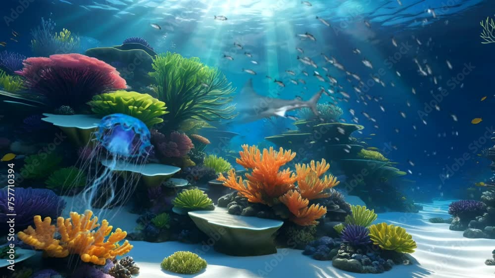 Shark with coral reef and fishes. Seamless looping time-lapse 4k video animation background