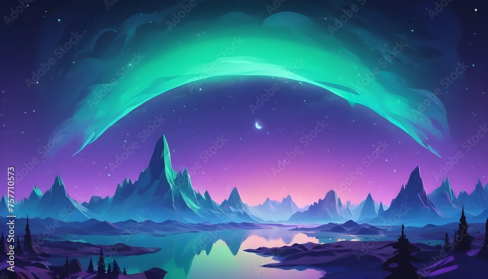 Naklejka premium Cosmic Canvas: Aura Bathed in Aurora Green, Polar Blue, and Cosmic Purple Against the Infinite Canvas of a Starry Night Sky, A Captivating Display of Celestial Beauty and Serenity