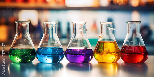 laboratory test tubes, Test tubes and colorful liquids on a black background, Glass flask with different colors in research chemistry science banner laboratory background., Generative ai