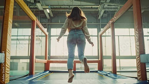 A teenage girl from behind floating in midair in slow motion at an indoor trampoline park photo